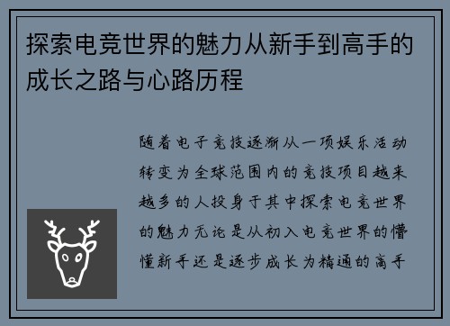 探索电竞世界的魅力从新手到高手的成长之路与心路历程